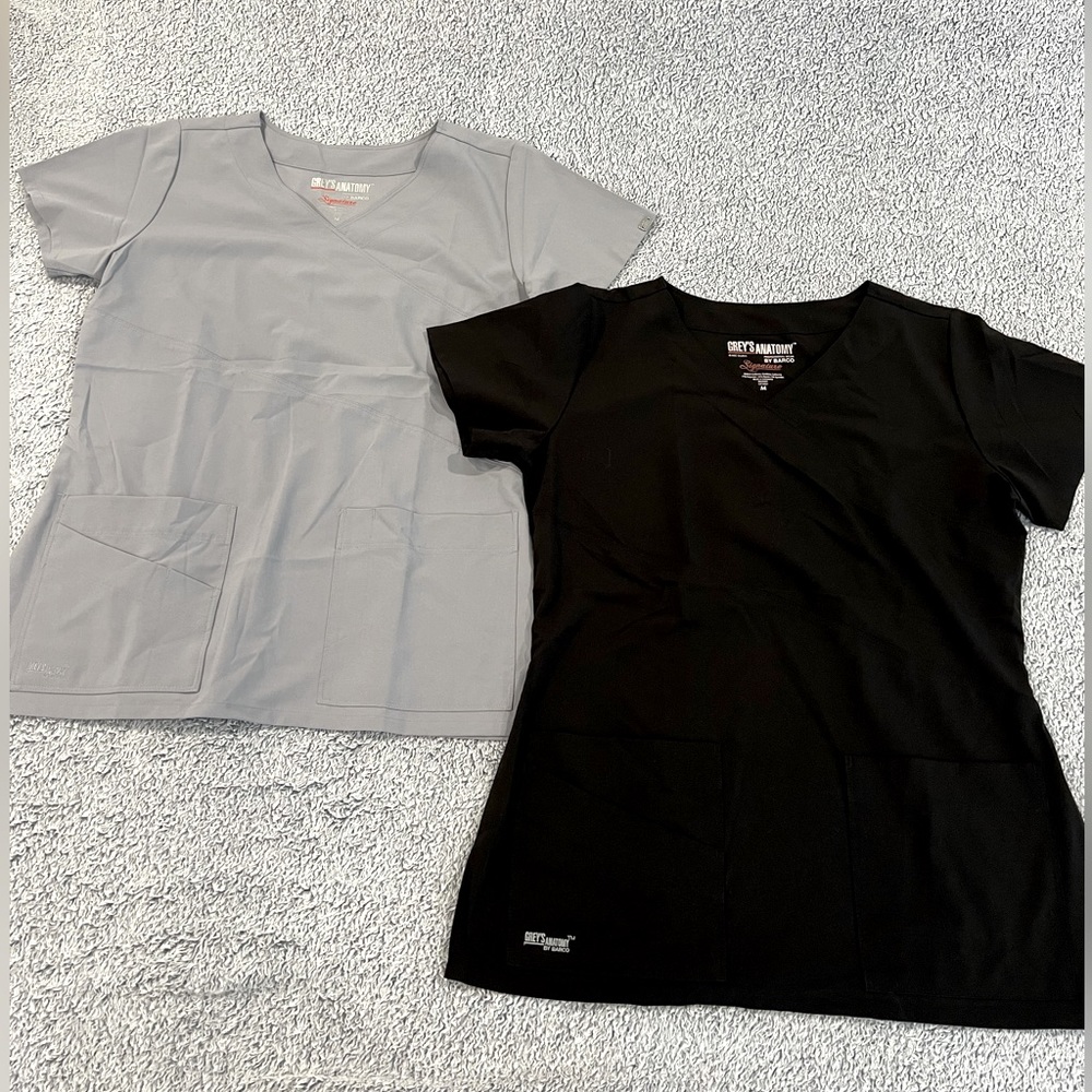 Scrub tops: Grey’s Anatomy, black and grey medium